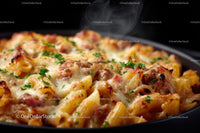 Creamy Baked Pasta with Bacon and Melted Cheese in a Black Skillet