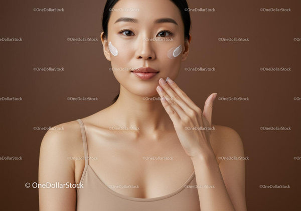 Młoda kobieta nakładająca krem nawilżający dla promiennej skóry typu glass skin