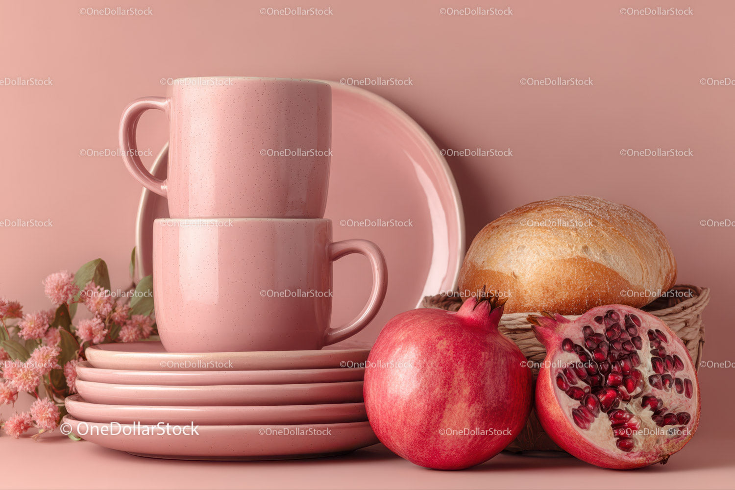 Pink Ceramic Mugs with Pomegranate and Fresh Bread on Table