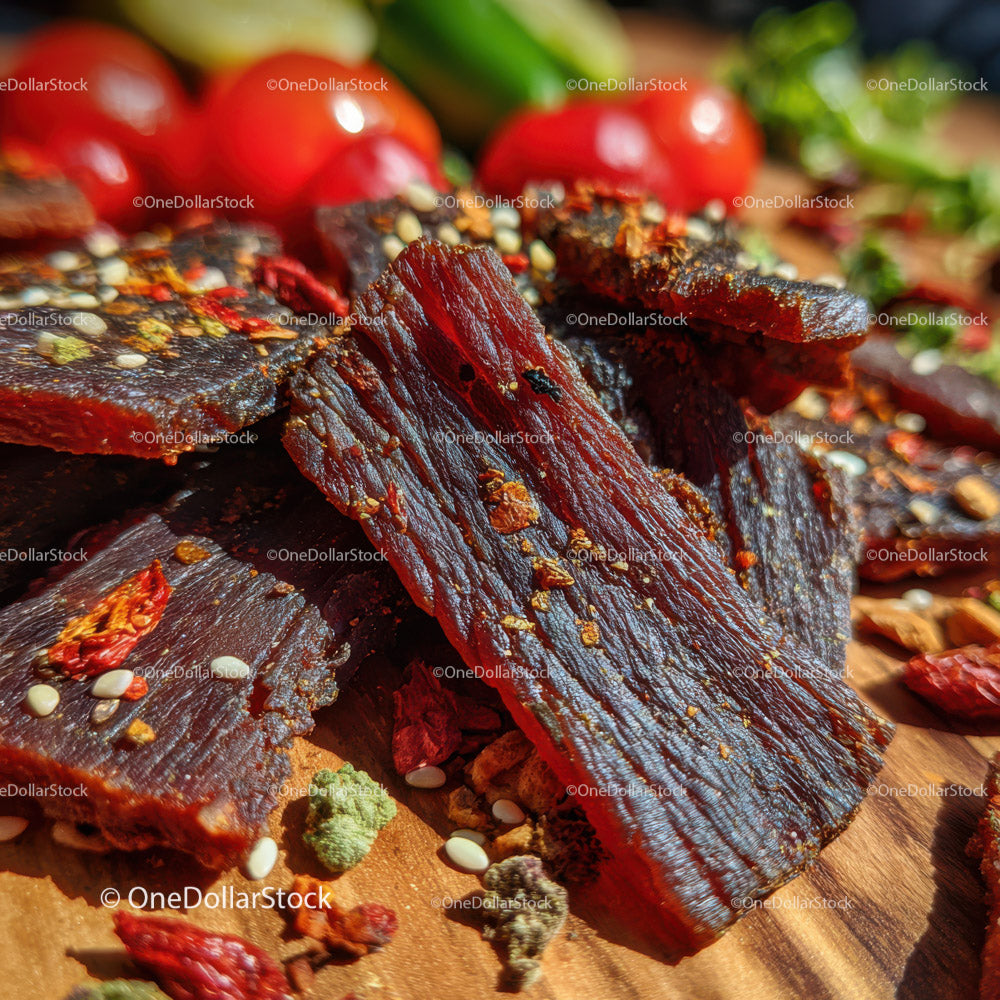 Spicy Beef Jerky with Cherry Tomatoes and Fresh Herbs for Snack or Meal