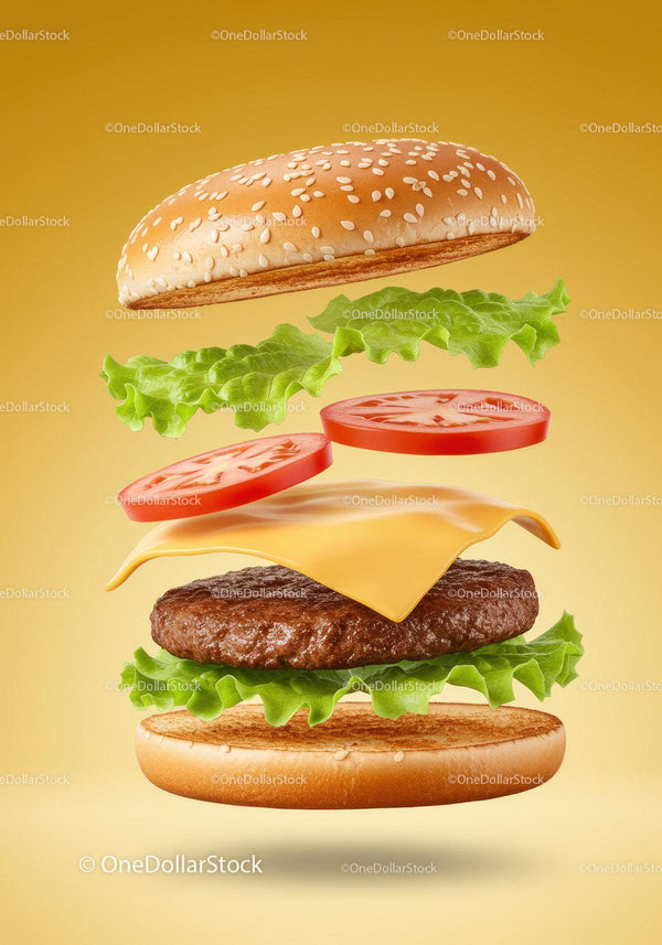 Floating cheeseburger with fresh lettuce and tomato slices
