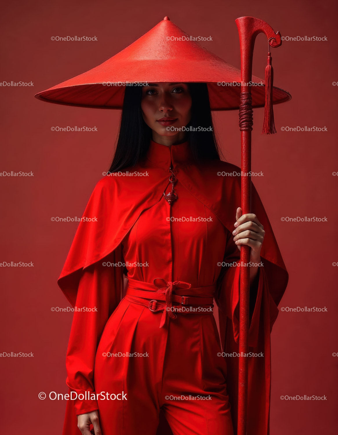 Elegant Woman in Red Dress with Accessories Against Red Background