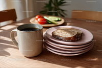 Fresh Bread Slices with Coffee Mug and Vegetables on Wooden Table