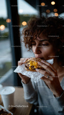Young Woman Enjoying Cheeseburger in Cozy Cafe Setting