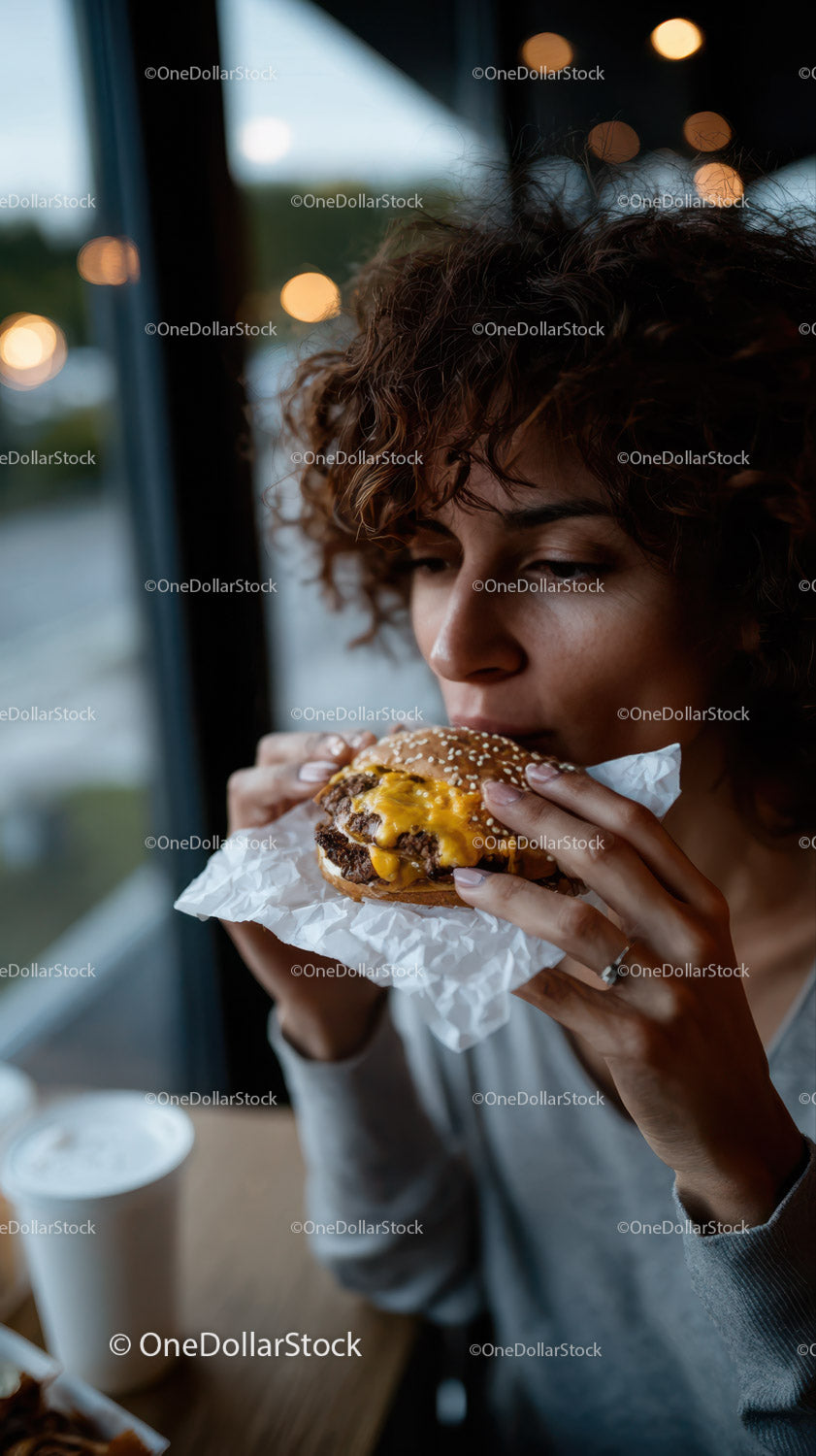 Young Woman Enjoying Cheeseburger in Cozy Cafe Setting