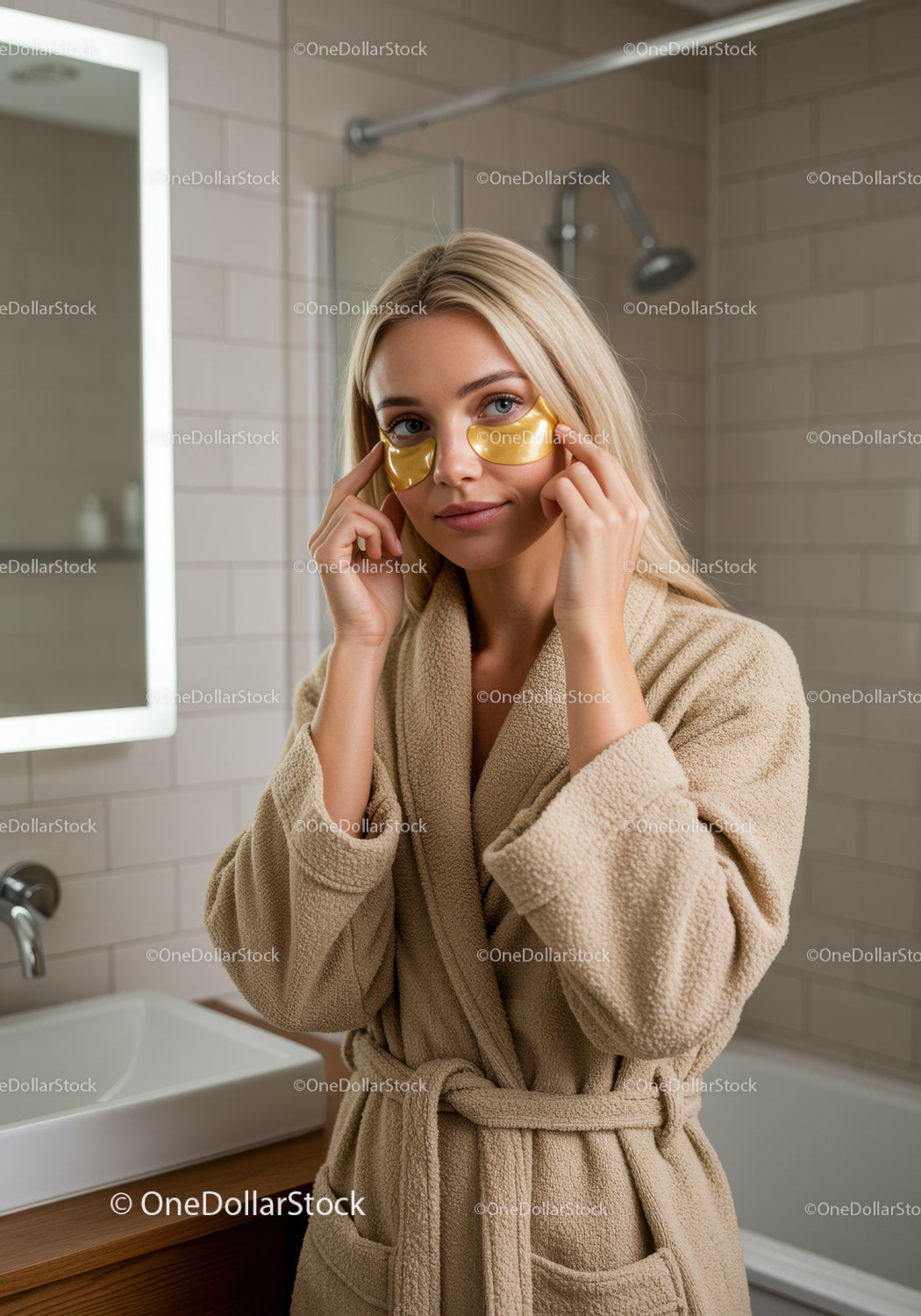 Relaxing Woman Applying Under Eye Patches in Bathroom Spa