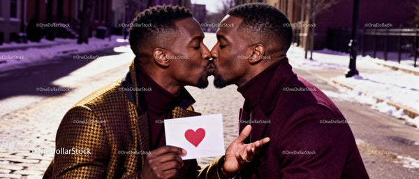 Loving Black Gay Couple Sharing a Tender Kiss Outdoors