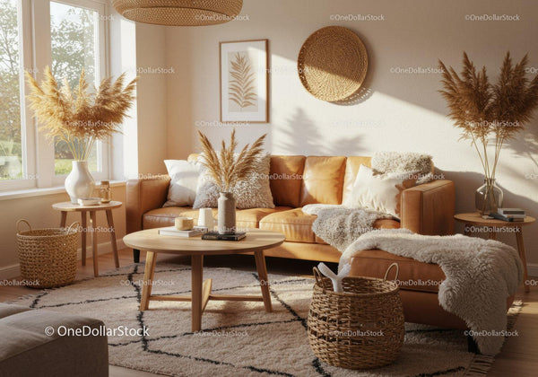 Cozy living room with leather sofa and natural decor