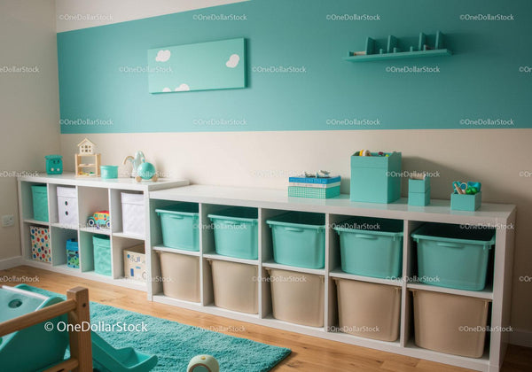 Półki na zabawki z kolorowymi plastikowymi pojemnikami do nowoczesnego pokoju dziecięcego