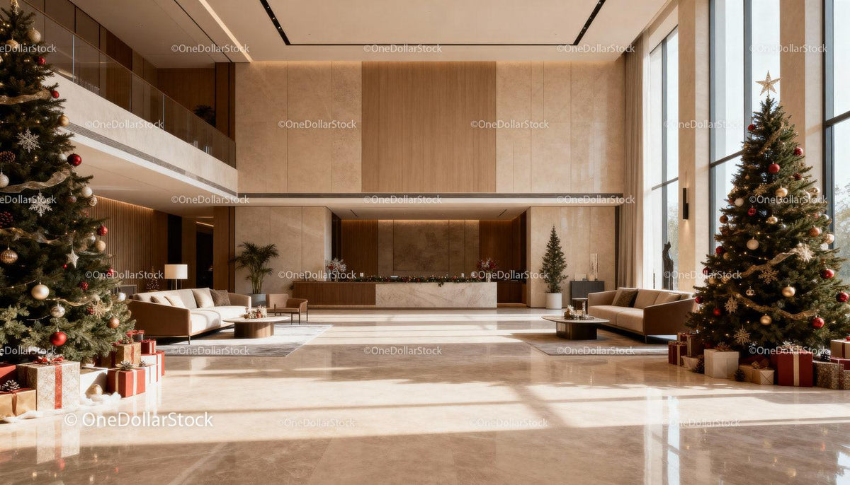 Modern Spacious Lobby Decorated with Christmas Trees