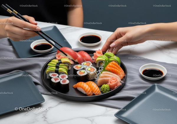 Colorful Sushi Platter with Salmon Tuna and Avocado Rolls