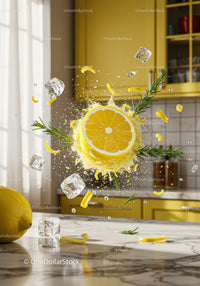 Fresh lemon slice with rosemary and ice cubes in motion