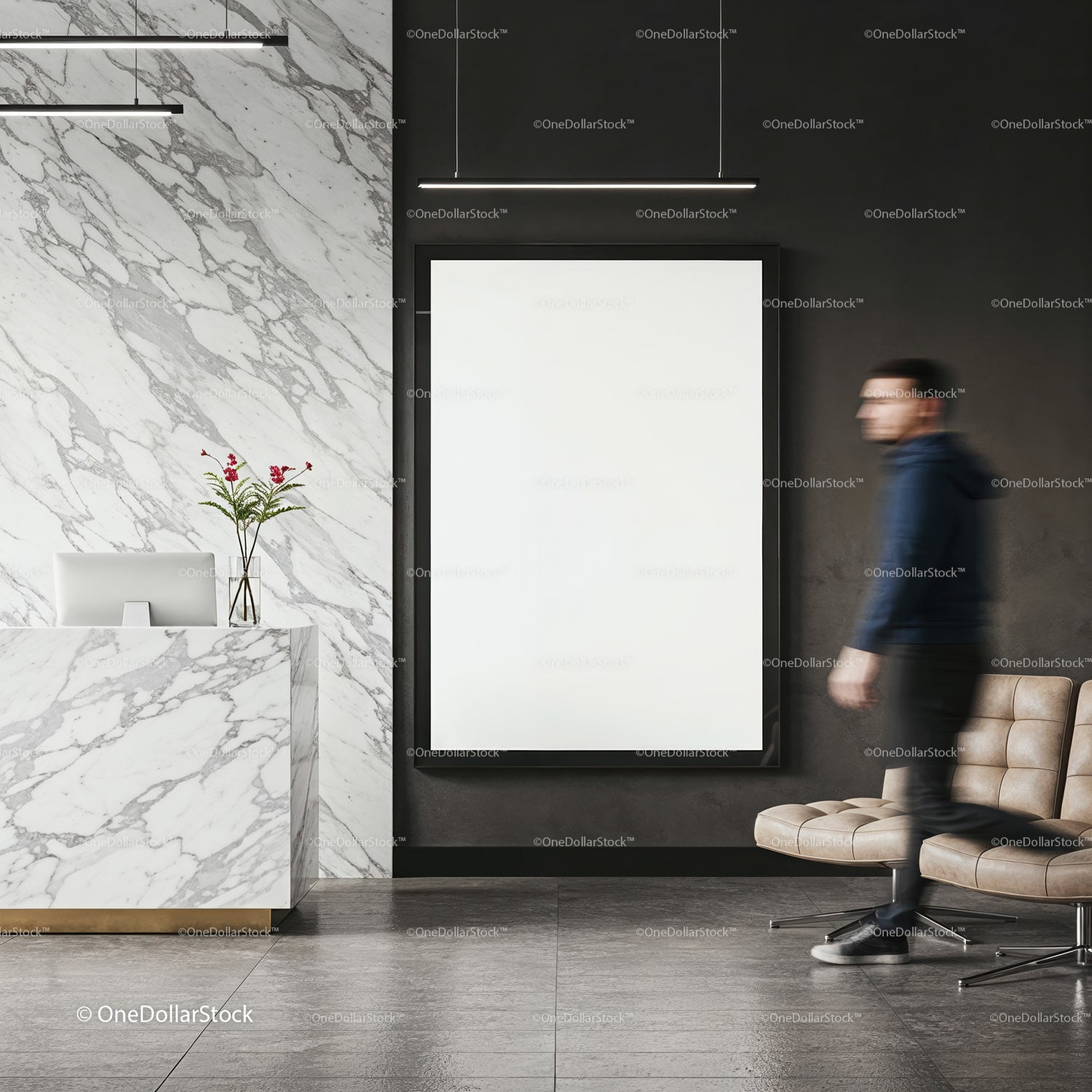 Modern lobby interior with blank poster and blurred visitor