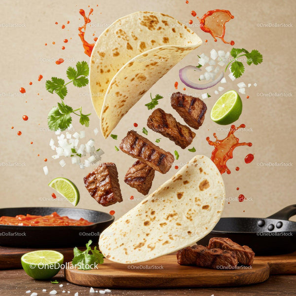 Grilled steak tacos with fresh lime and herbs in motion