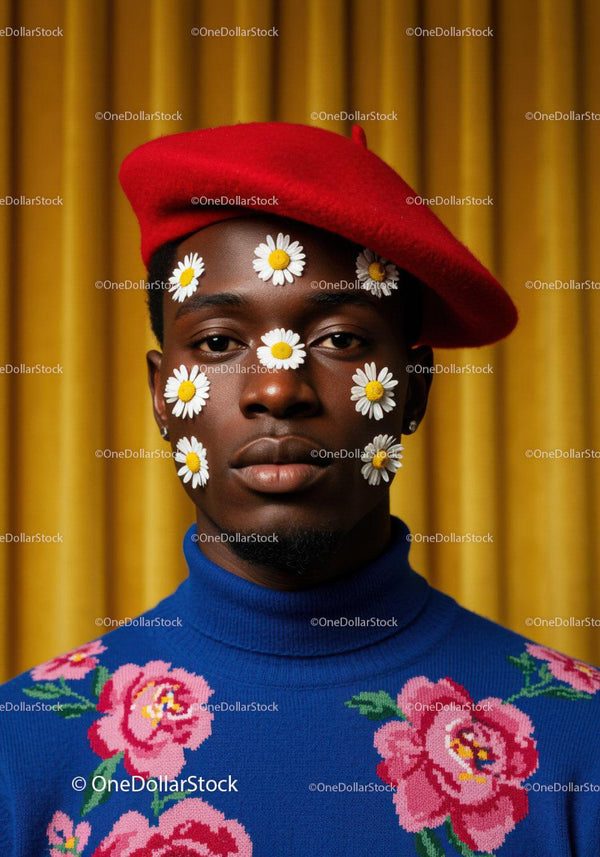 Portrait of man with daisies and artistic fashion style