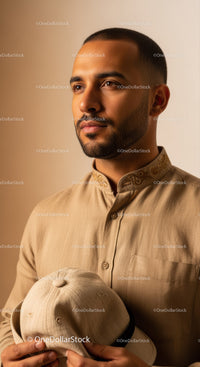 Portrait of a Young Man in Traditional Beige Kurta Holding a Cap