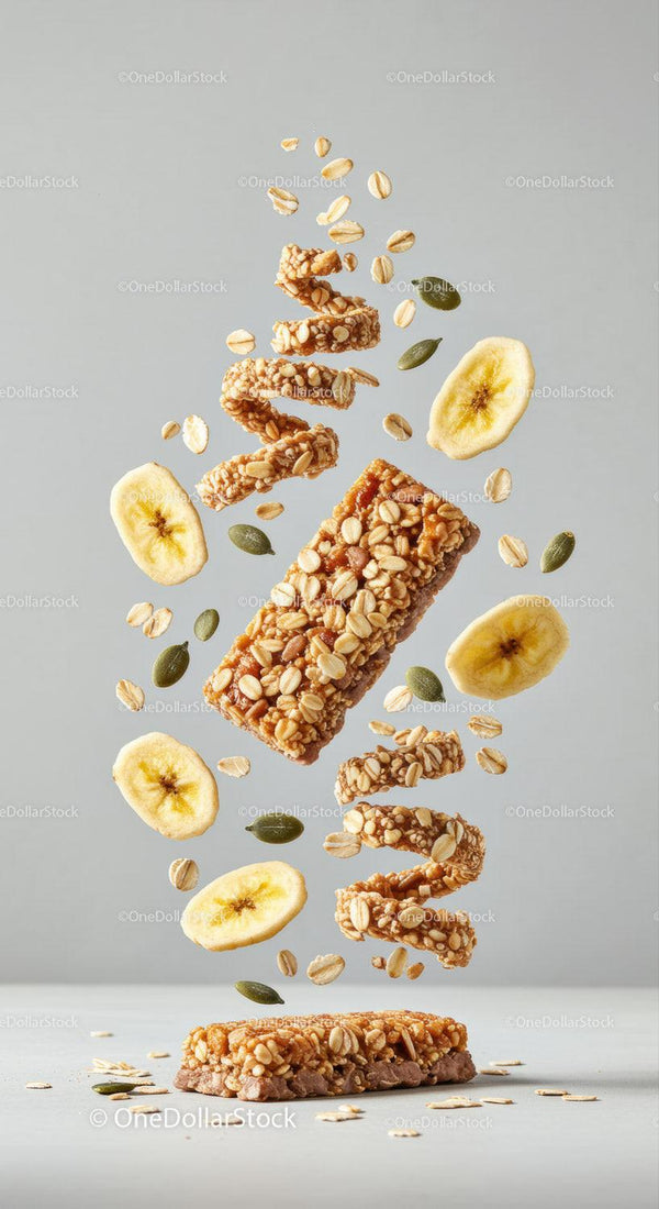 Healthy granola bar with oats banana and seeds flying