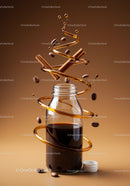 Glass Bottle of Coffee with Swirling Syrup and Spices