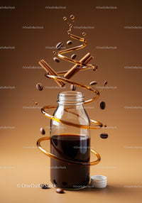 Glass Bottle of Coffee with Swirling Syrup and Spices
