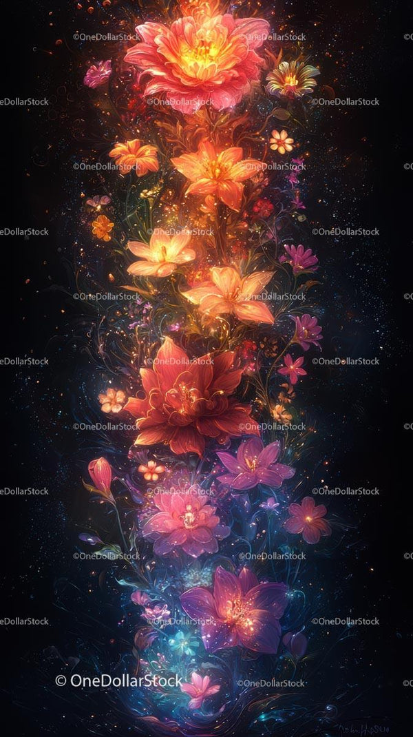 Vivid Flowers Burst with Neon Glow in Surreal Fantasy Scene