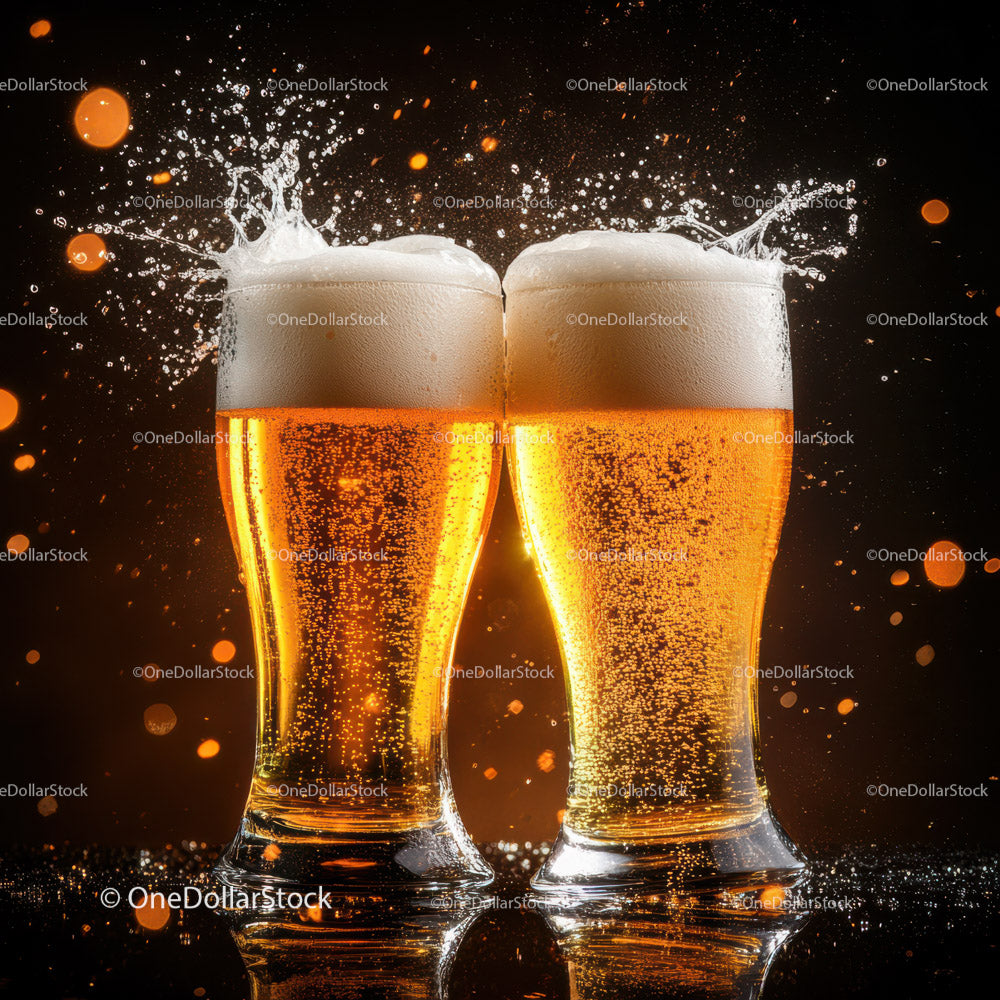 Two Clinking Glasses of Frothy Beer with Splash Effect