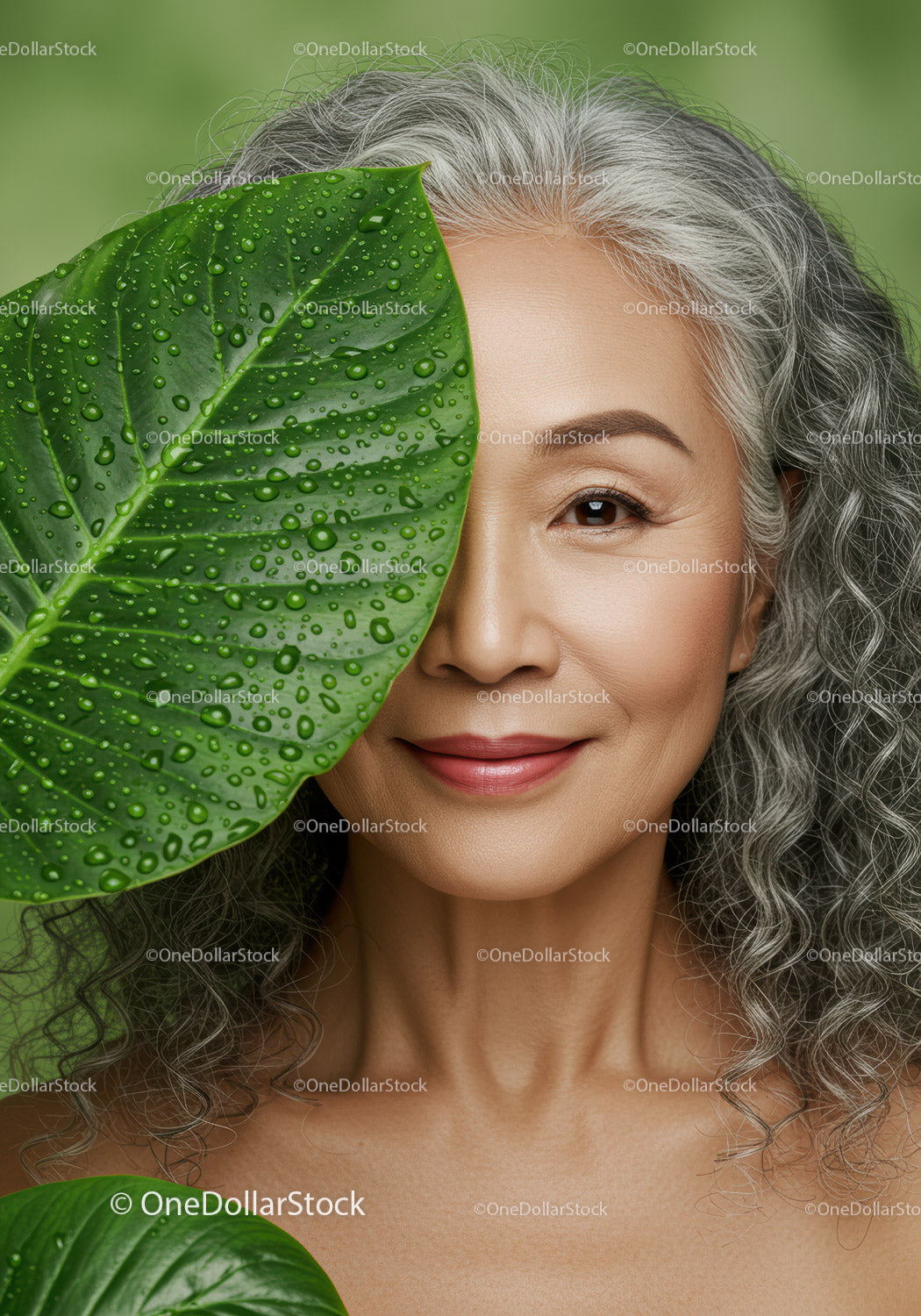 Mature Woman with Gray Curly Hair Smiling in Natural Outdoor Setting