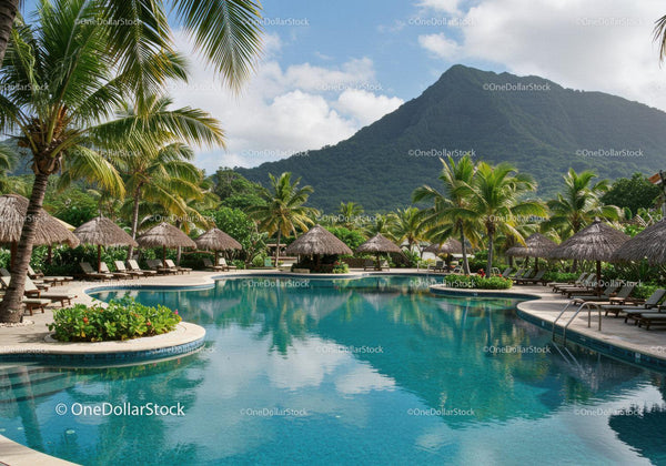 Tropical Resort with Swimming Pool Surrounded by Palms and Mountain View