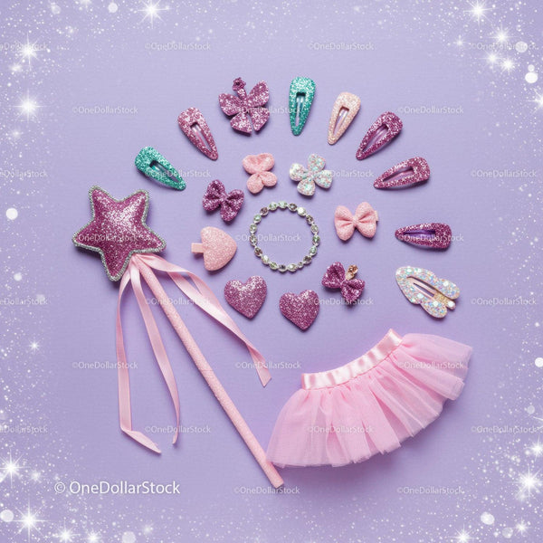 Sparkling fairy costume accessories on purple background