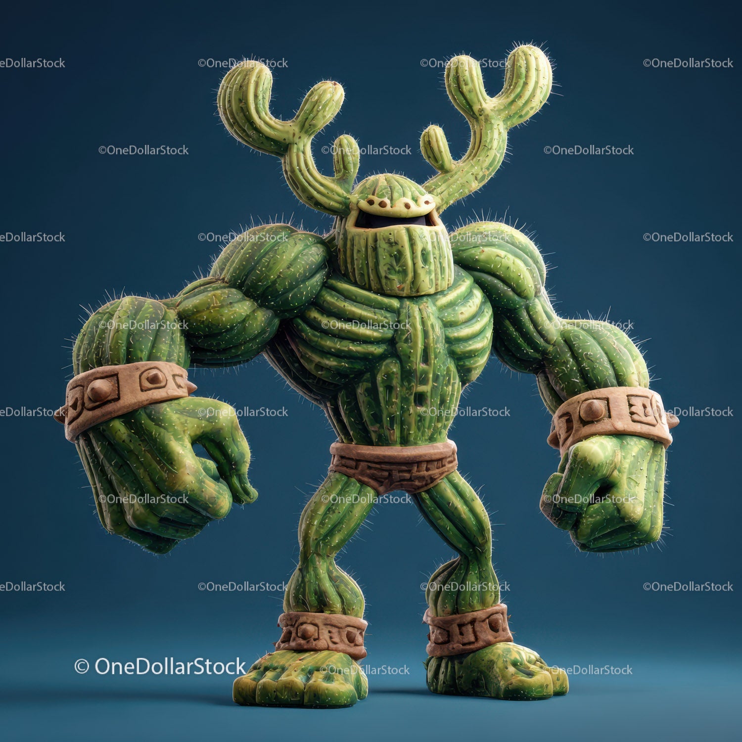 Green Cactus Monster Character with Antler-like Plants