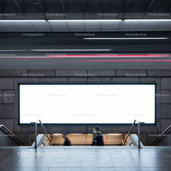 Commuters Passing by Illuminated Subway Entrance JPG Mockup Image