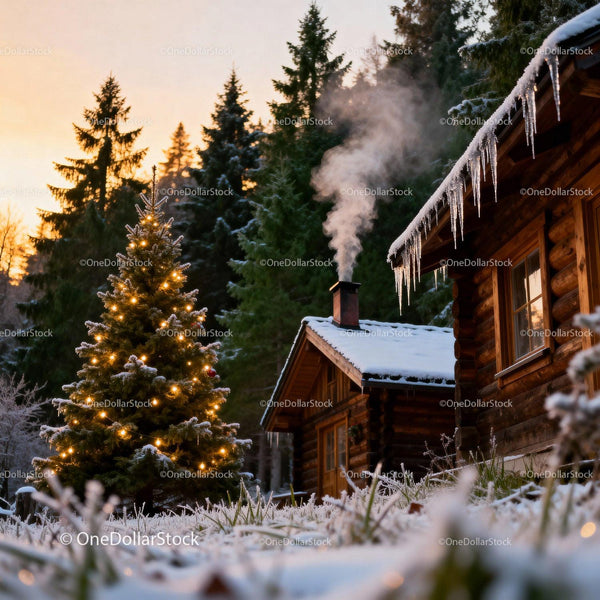 Cozy wooden cabin with Christmas tree at sunset