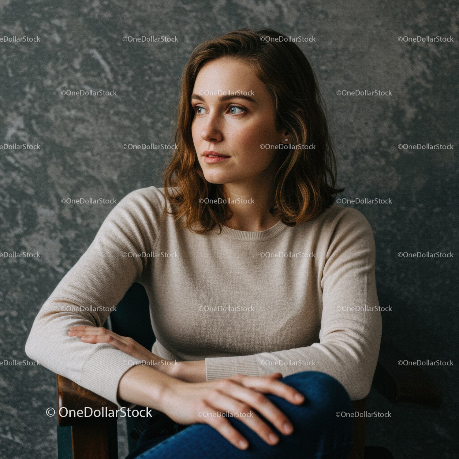 Elegant Woman with Confident Look in Casual Beige Sweater