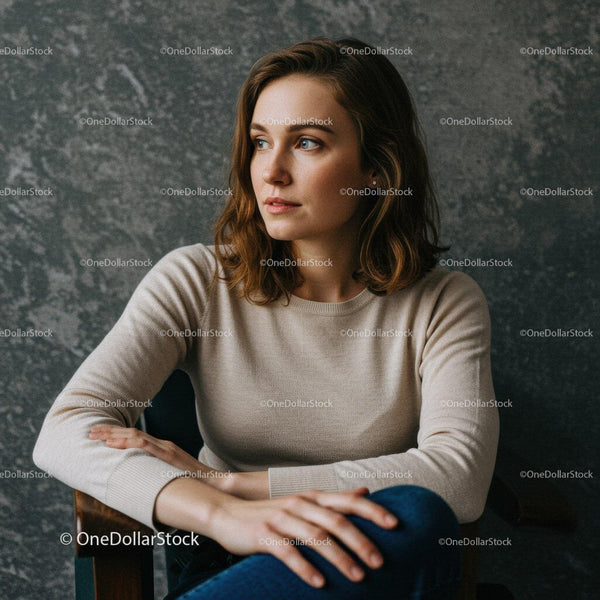Elegant Woman with Confident Look in Casual Beige Sweater
