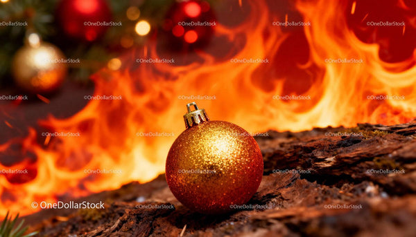Golden Christmas Ornament Amid Flickering Flames