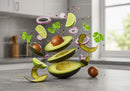 Fresh ingredients floating over modern kitchen countertop