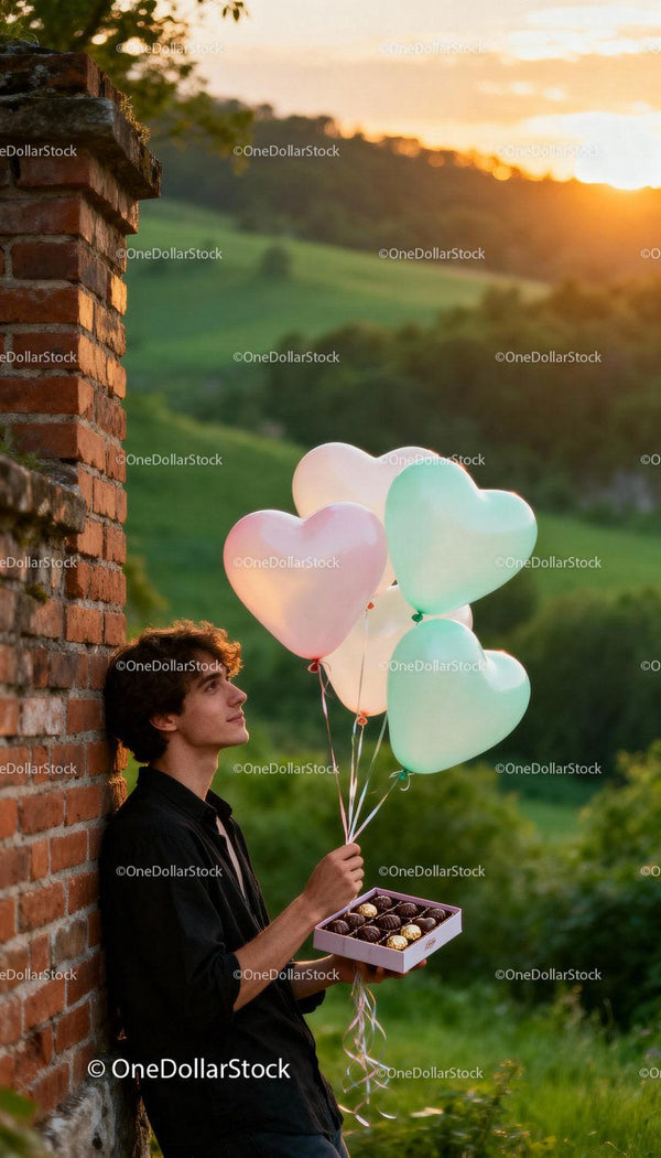 Young man holding heart balloons and chocolates outdoors
