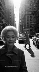 Elderly Woman in Busy City Street Surrounded by Vintage Cars