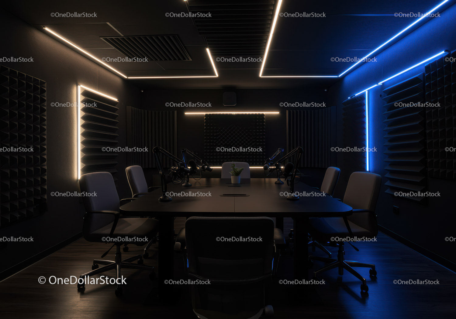Modern Podcast Studio with LED Lighting and Acoustic Panels