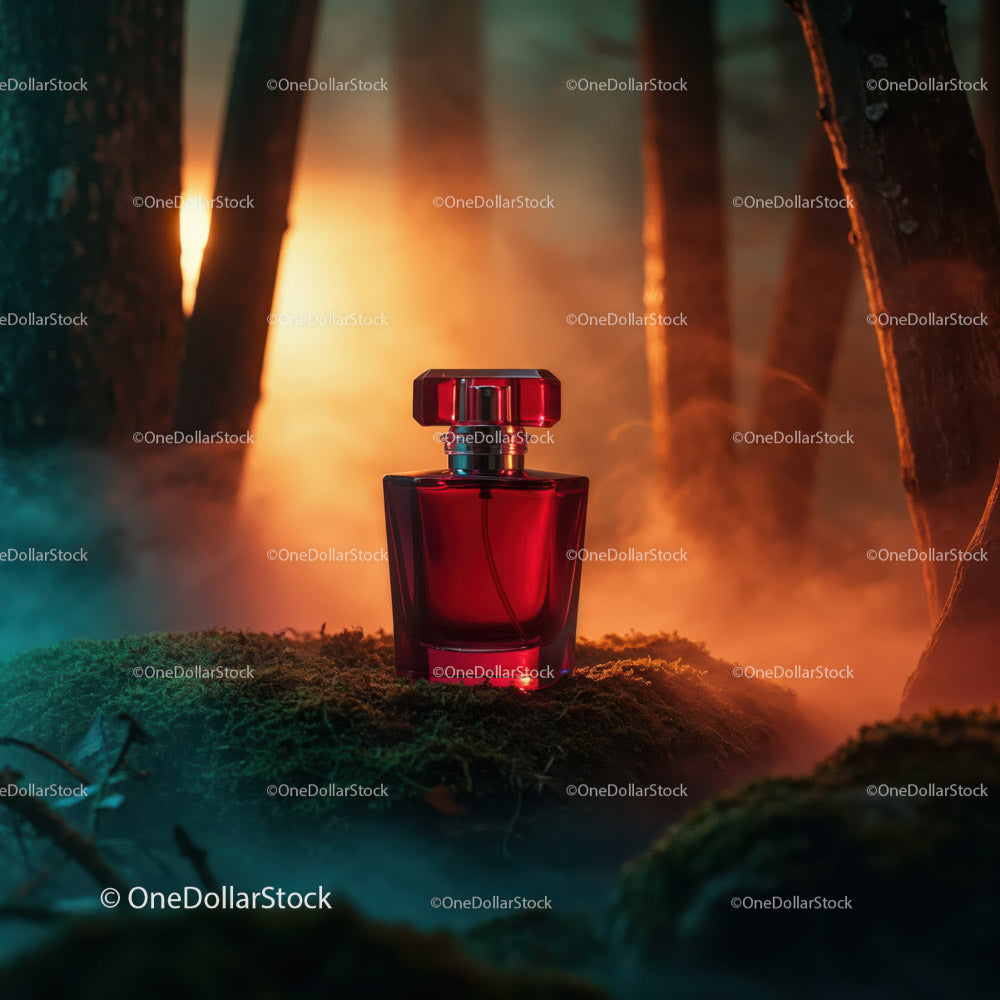 Elegancki czerwony flakon perfum w mistycznej scenerii lasu do luksusowego brandingu