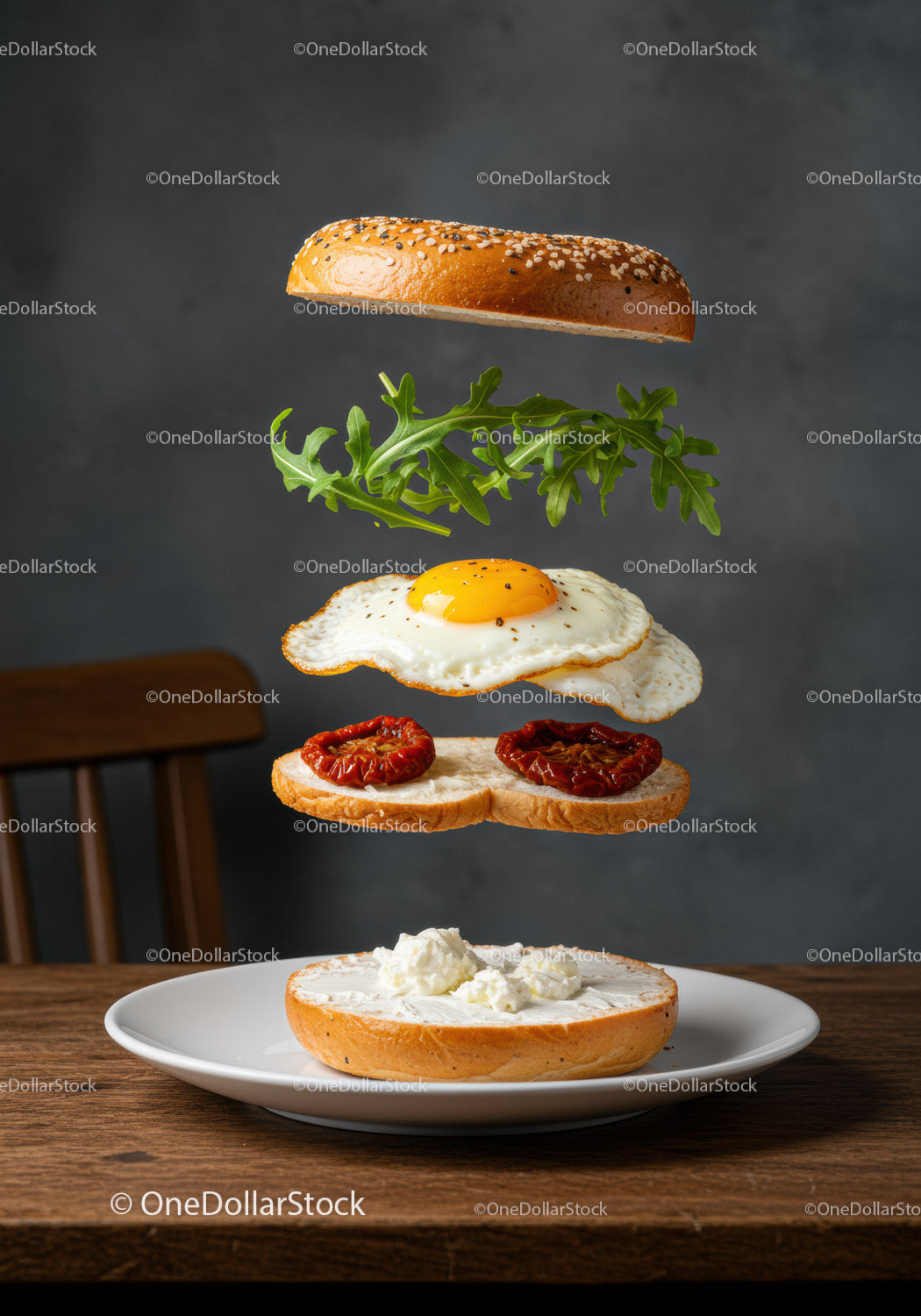 Deconstructed bagel sandwich with egg and greens floating