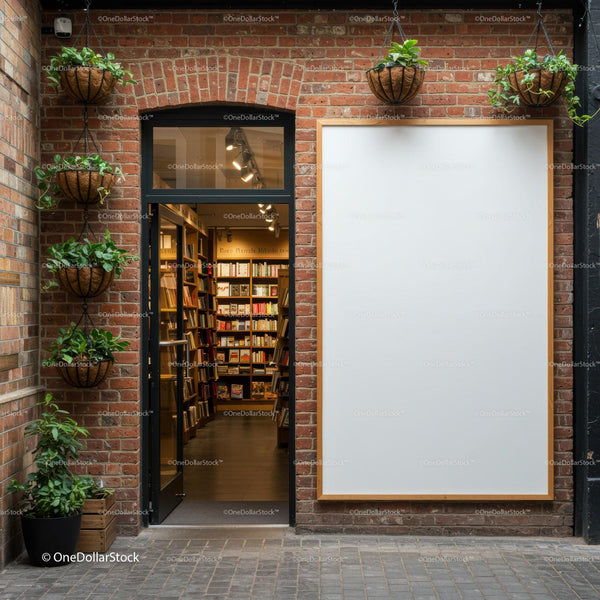Cozy bookstore entrance with blank wooden frame JPG Mockup Image
