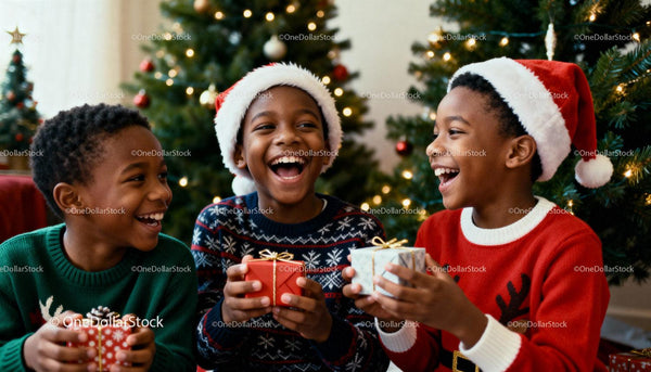 Joyful kids sharing Christmas gifts by decorated tree