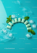Mint Gum with Ice Cubes and Fresh Leaves on Blue Surface