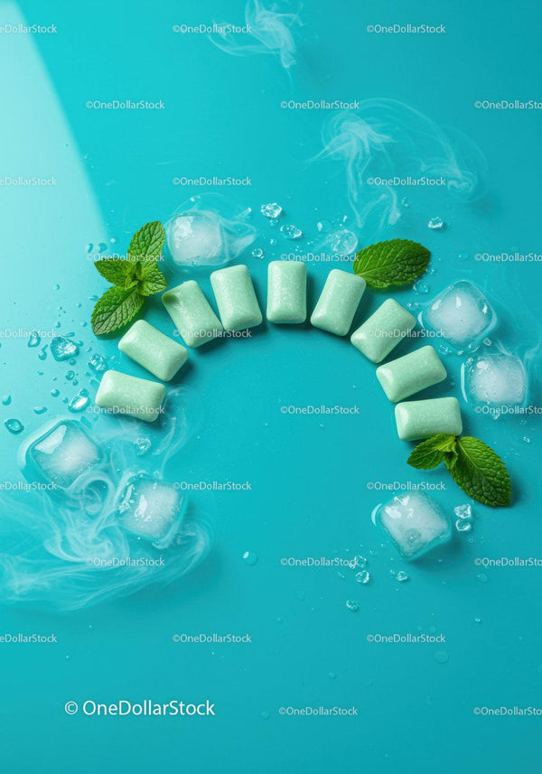 Mint Gum with Ice Cubes and Fresh Leaves on Blue Surface