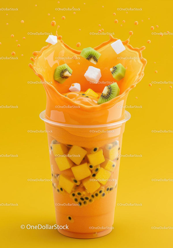 Świeży, tropikalny koktajl ze splashem kiwi i kostkami mango