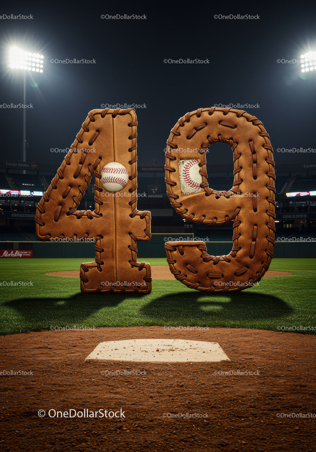 Leather baseball gloves shaped as number 49 on field
