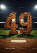 Leather baseball gloves shaped as number 49 on field