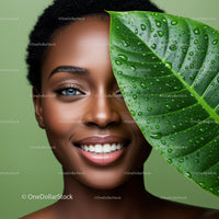 Portrait of a Smiling Black Woman with a Large Green Tropical Leaf