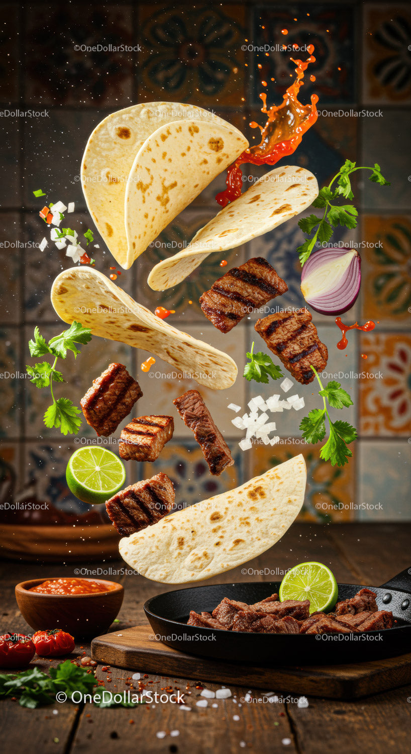 Grilled steak taco ingredients flying in rustic kitchen