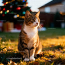 Tabby cat sitting outdoors near Christmas lights